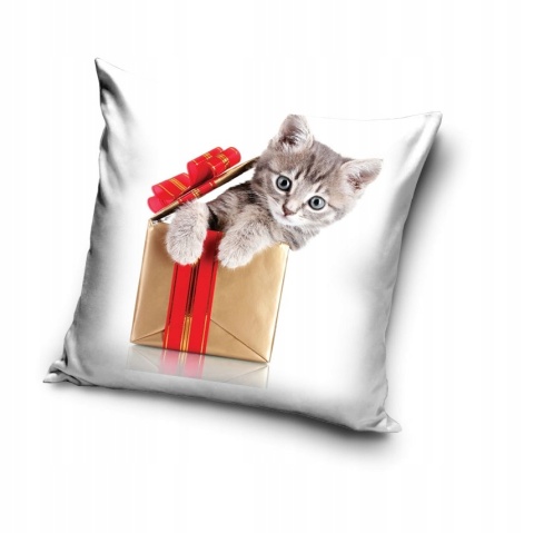 Poszewka na poduszkę 40x40 jasiek świąteczna kot kociak w prezencie biała